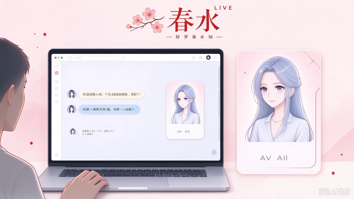 春水AI品牌与角色对话场景的AI绘制示意图